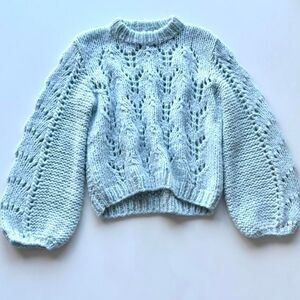 Handmade blue pointelle balloon sleeve knit sweater